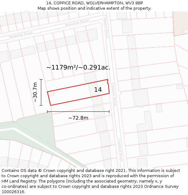 14, COPPICE ROAD, WOLVERHAMPTON, WV3 8BP: Plot and title map