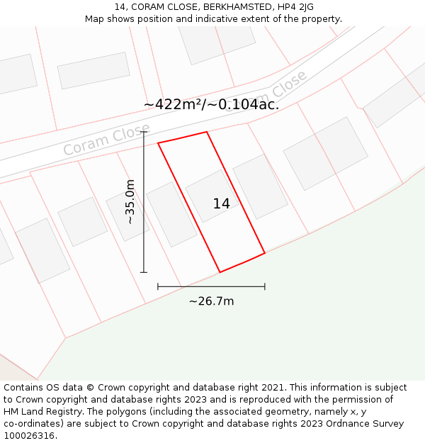 14, CORAM CLOSE, BERKHAMSTED, HP4 2JG: Plot and title map