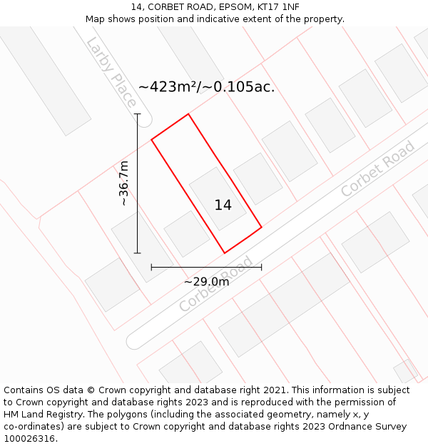 14, CORBET ROAD, EPSOM, KT17 1NF: Plot and title map