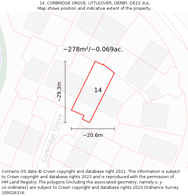 14, CORBRIDGE GROVE, LITTLEOVER, DERBY, DE23 3UL: Plot and title map