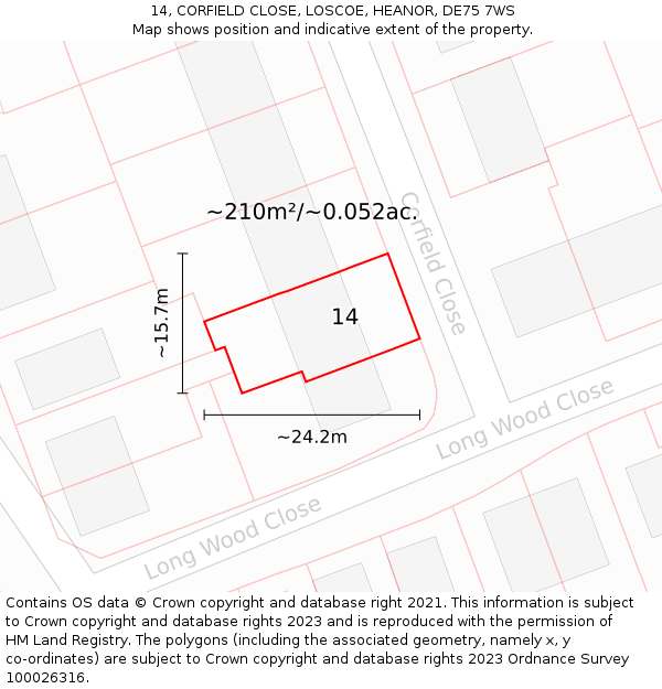 14, CORFIELD CLOSE, LOSCOE, HEANOR, DE75 7WS: Plot and title map