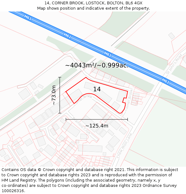 14, CORNER BROOK, LOSTOCK, BOLTON, BL6 4GX: Plot and title map