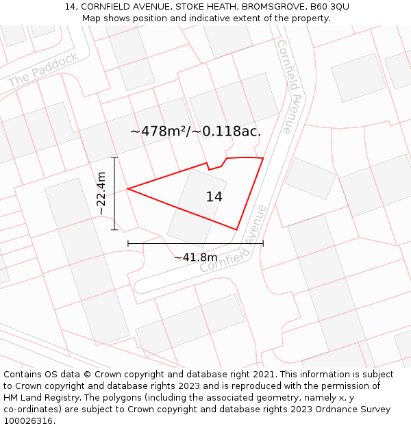14, CORNFIELD AVENUE, STOKE HEATH, BROMSGROVE, B60 3QU: Plot and title map