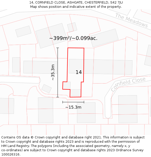 14, CORNFIELD CLOSE, ASHGATE, CHESTERFIELD, S42 7JU: Plot and title map