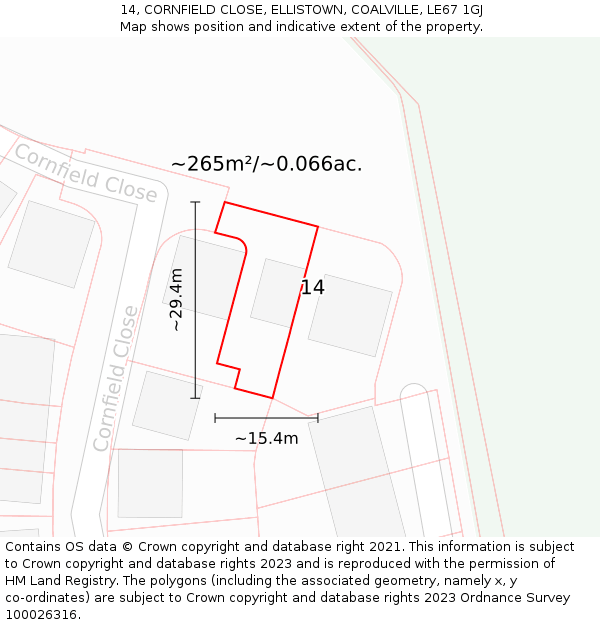 14, CORNFIELD CLOSE, ELLISTOWN, COALVILLE, LE67 1GJ: Plot and title map