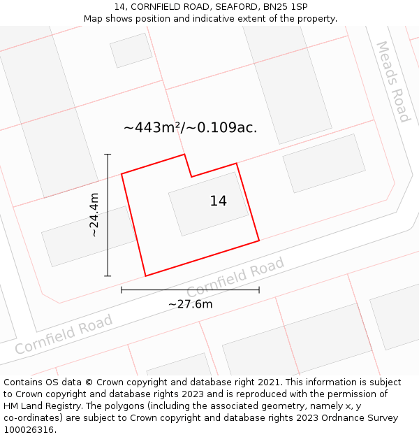 14, CORNFIELD ROAD, SEAFORD, BN25 1SP: Plot and title map