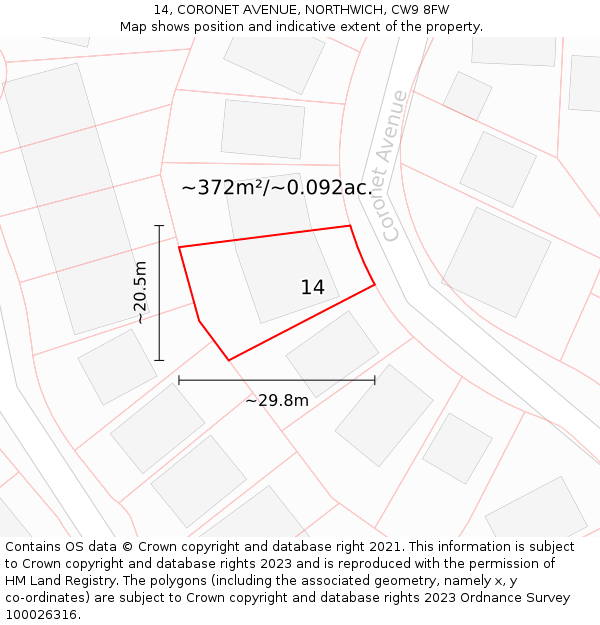 14, CORONET AVENUE, NORTHWICH, CW9 8FW: Plot and title map