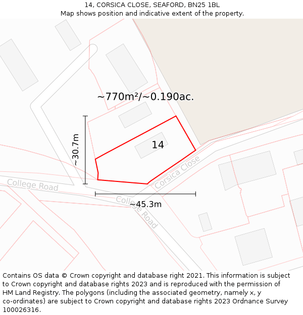 14, CORSICA CLOSE, SEAFORD, BN25 1BL: Plot and title map