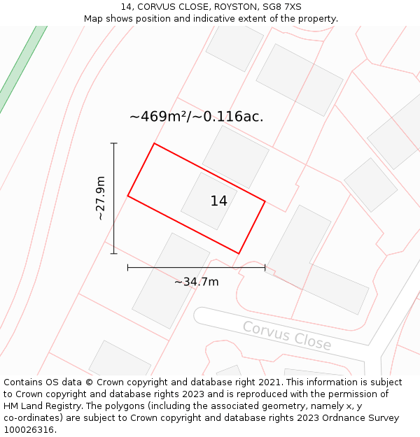 14, CORVUS CLOSE, ROYSTON, SG8 7XS: Plot and title map