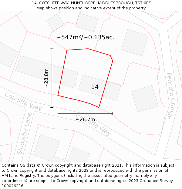 14, COTCLIFFE WAY, NUNTHORPE, MIDDLESBROUGH, TS7 0RS: Plot and title map