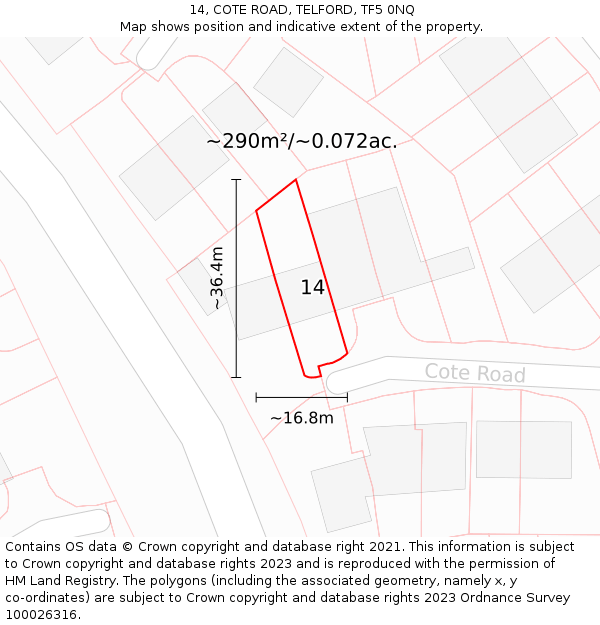 14, COTE ROAD, TELFORD, TF5 0NQ: Plot and title map