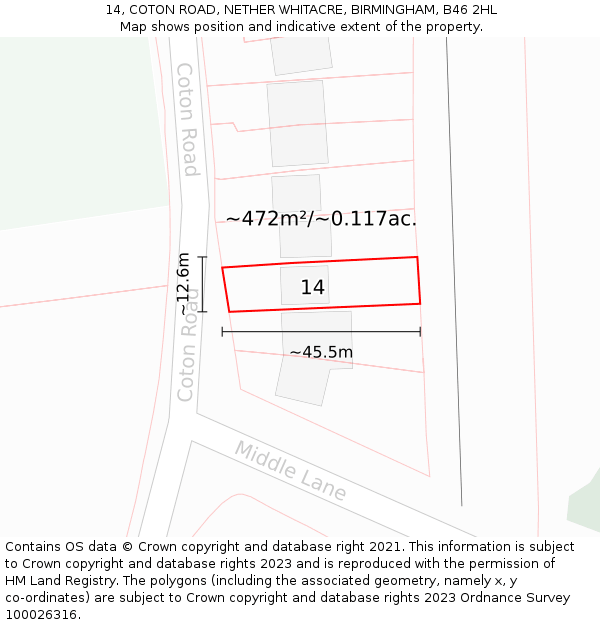 14, COTON ROAD, NETHER WHITACRE, BIRMINGHAM, B46 2HL: Plot and title map