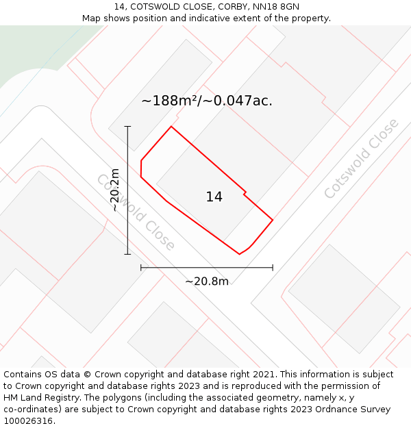 14, COTSWOLD CLOSE, CORBY, NN18 8GN: Plot and title map