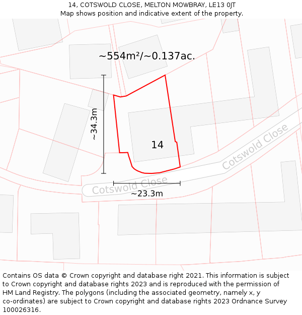 14, COTSWOLD CLOSE, MELTON MOWBRAY, LE13 0JT: Plot and title map