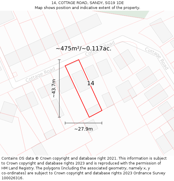 14, COTTAGE ROAD, SANDY, SG19 1DE: Plot and title map