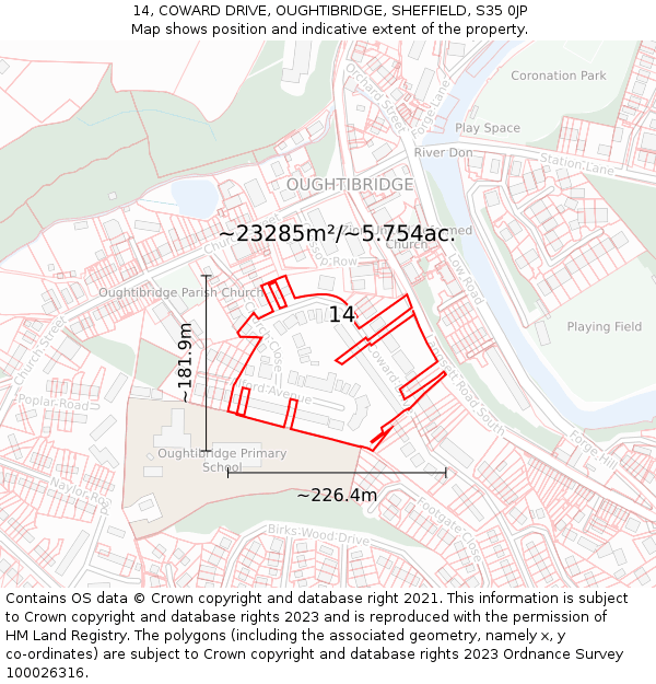 14, COWARD DRIVE, OUGHTIBRIDGE, SHEFFIELD, S35 0JP: Plot and title map