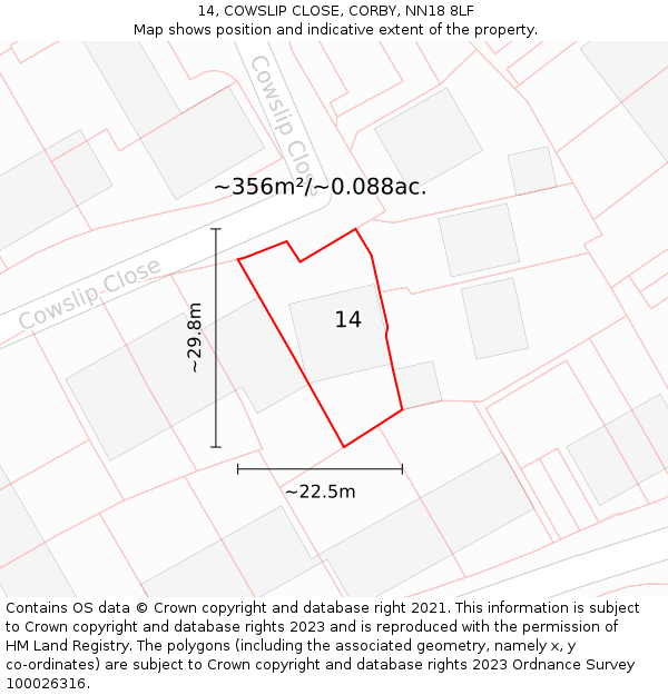 14, COWSLIP CLOSE, CORBY, NN18 8LF: Plot and title map