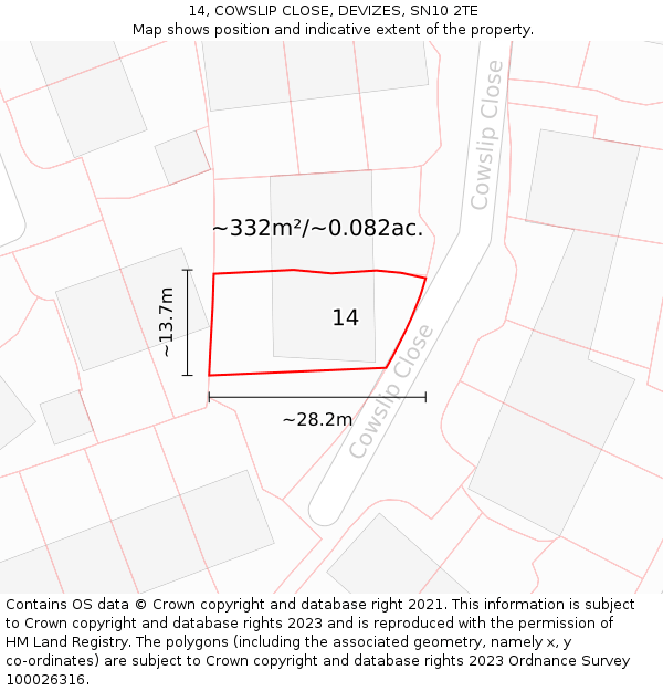 14, COWSLIP CLOSE, DEVIZES, SN10 2TE: Plot and title map