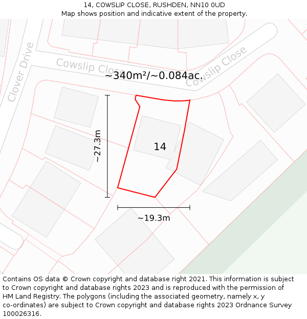 14, COWSLIP CLOSE, RUSHDEN, NN10 0UD: Plot and title map