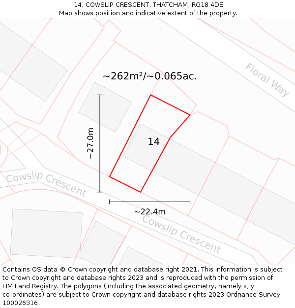 14, COWSLIP CRESCENT, THATCHAM, RG18 4DE: Plot and title map