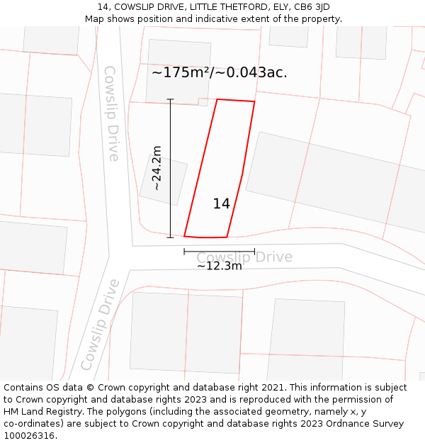 14, COWSLIP DRIVE, LITTLE THETFORD, ELY, CB6 3JD: Plot and title map