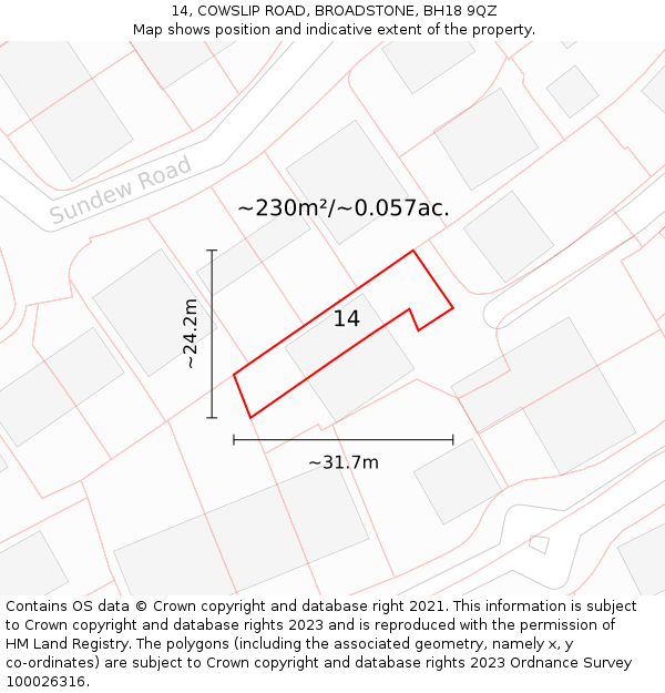 14, COWSLIP ROAD, BROADSTONE, BH18 9QZ: Plot and title map