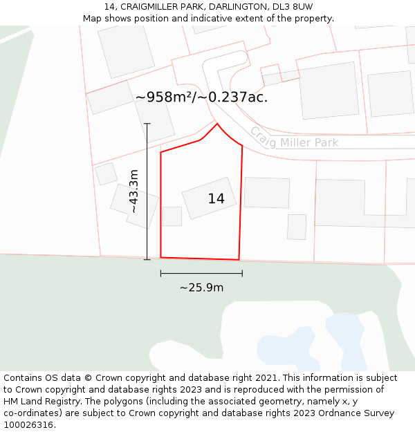 14, CRAIGMILLER PARK, DARLINGTON, DL3 8UW: Plot and title map