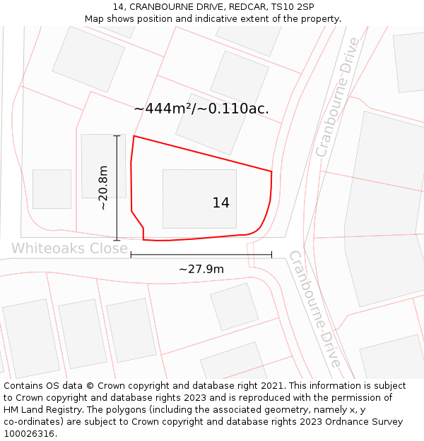 14, CRANBOURNE DRIVE, REDCAR, TS10 2SP: Plot and title map