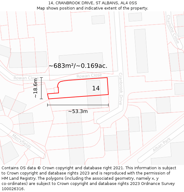 14, CRANBROOK DRIVE, ST ALBANS, AL4 0SS: Plot and title map