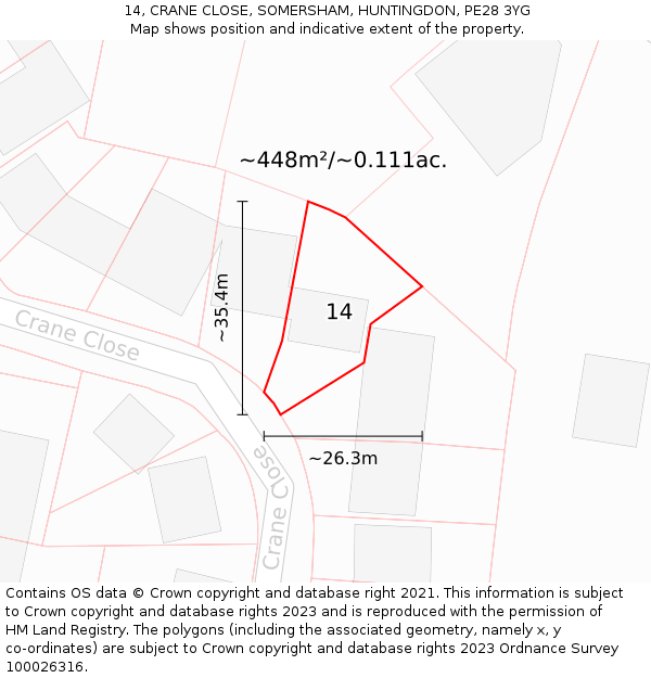 14, CRANE CLOSE, SOMERSHAM, HUNTINGDON, PE28 3YG: Plot and title map