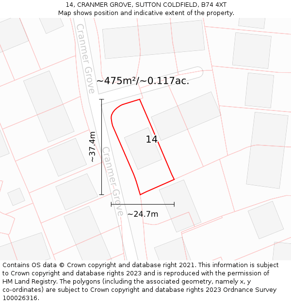 14, CRANMER GROVE, SUTTON COLDFIELD, B74 4XT: Plot and title map