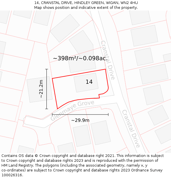14, CRANSTAL DRIVE, HINDLEY GREEN, WIGAN, WN2 4HU: Plot and title map