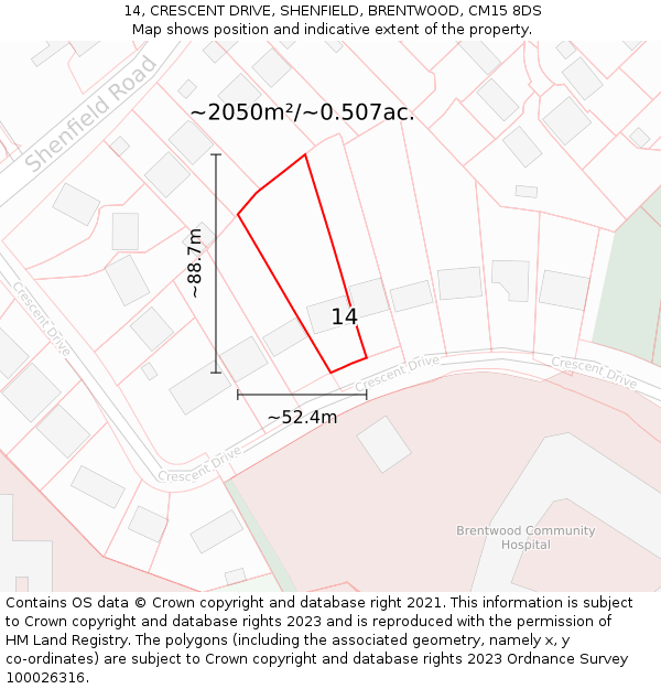 14, CRESCENT DRIVE, SHENFIELD, BRENTWOOD, CM15 8DS: Plot and title map
