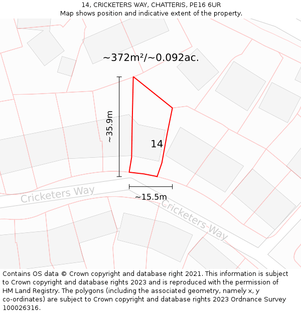 14, CRICKETERS WAY, CHATTERIS, PE16 6UR: Plot and title map