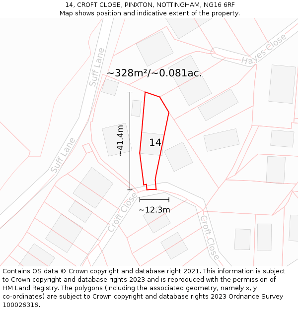 14, CROFT CLOSE, PINXTON, NOTTINGHAM, NG16 6RF: Plot and title map