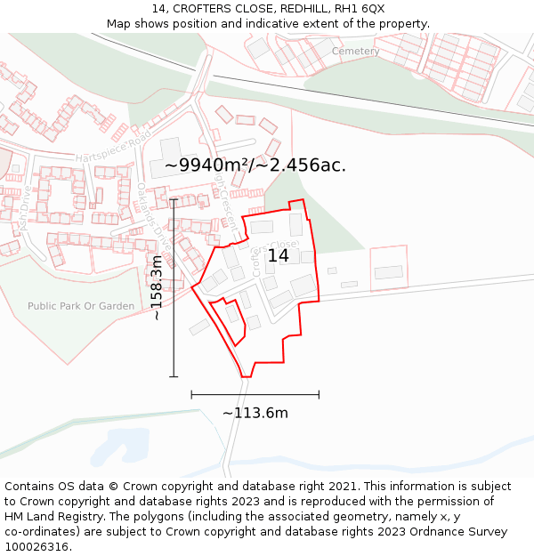 14, CROFTERS CLOSE, REDHILL, RH1 6QX: Plot and title map