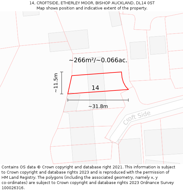14, CROFTSIDE, ETHERLEY MOOR, BISHOP AUCKLAND, DL14 0ST: Plot and title map