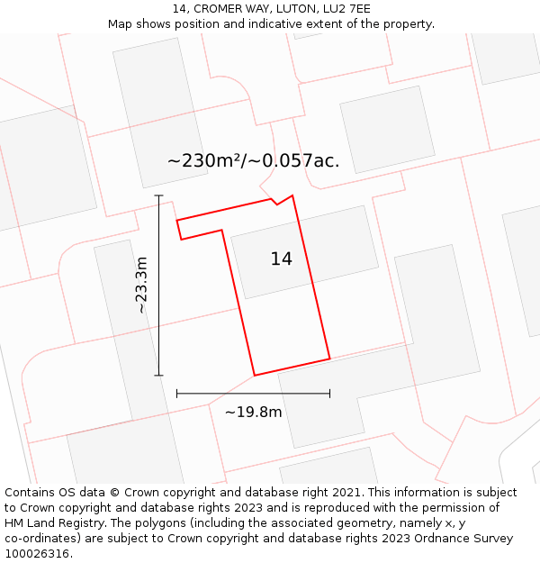 14, CROMER WAY, LUTON, LU2 7EE: Plot and title map