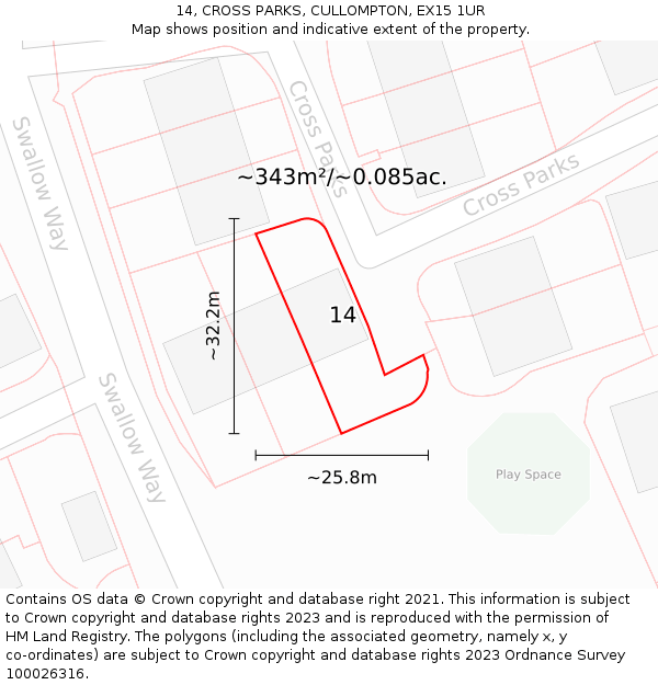 14, CROSS PARKS, CULLOMPTON, EX15 1UR: Plot and title map