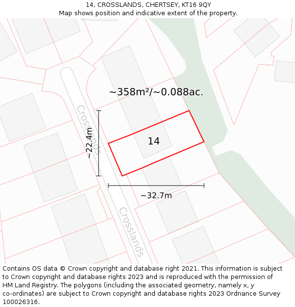 14, CROSSLANDS, CHERTSEY, KT16 9QY: Plot and title map