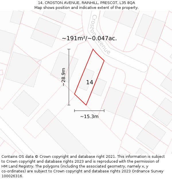 14, CROSTON AVENUE, RAINHILL, PRESCOT, L35 8QA: Plot and title map