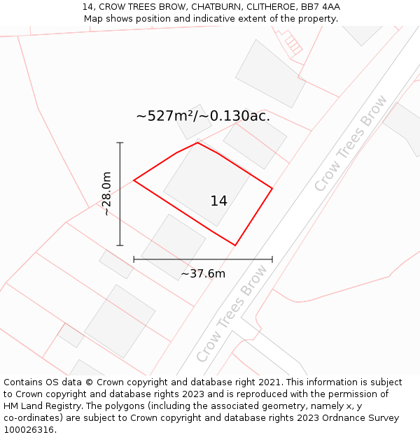 14, CROW TREES BROW, CHATBURN, CLITHEROE, BB7 4AA: Plot and title map