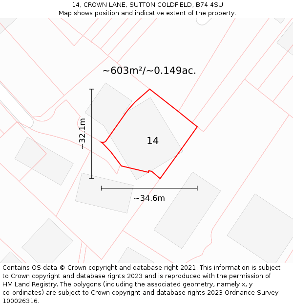 14, CROWN LANE, SUTTON COLDFIELD, B74 4SU: Plot and title map