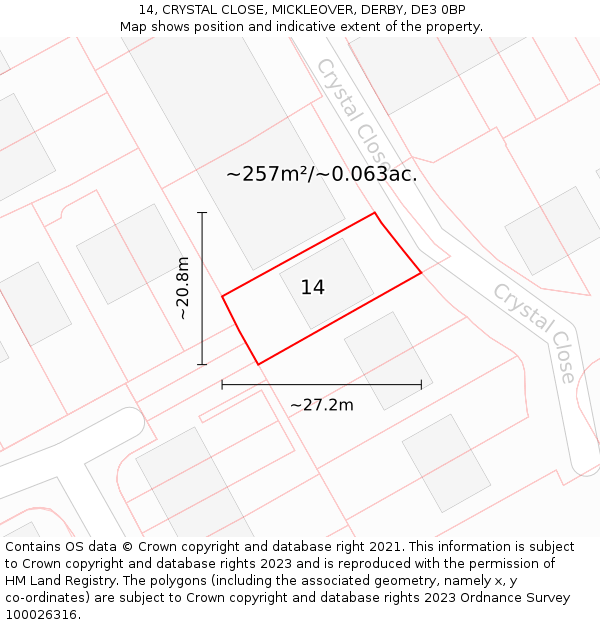 14, CRYSTAL CLOSE, MICKLEOVER, DERBY, DE3 0BP: Plot and title map
