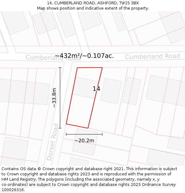 14, CUMBERLAND ROAD, ASHFORD, TW15 3BX: Plot and title map