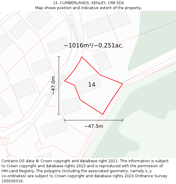 14, CUMBERLANDS, KENLEY, CR8 5DX: Plot and title map