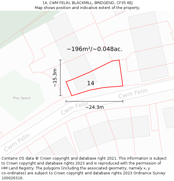 14, CWM FELIN, BLACKMILL, BRIDGEND, CF35 6EJ: Plot and title map