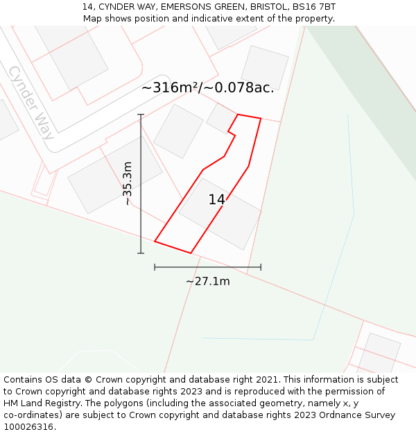 14, CYNDER WAY, EMERSONS GREEN, BRISTOL, BS16 7BT: Plot and title map