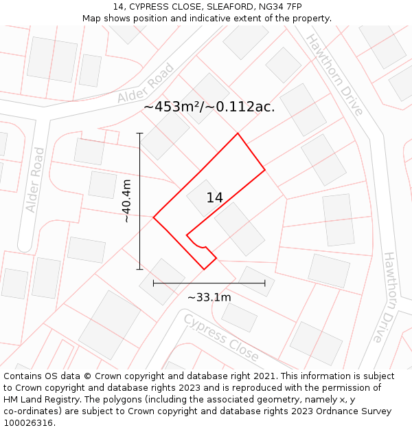 14, CYPRESS CLOSE, SLEAFORD, NG34 7FP: Plot and title map