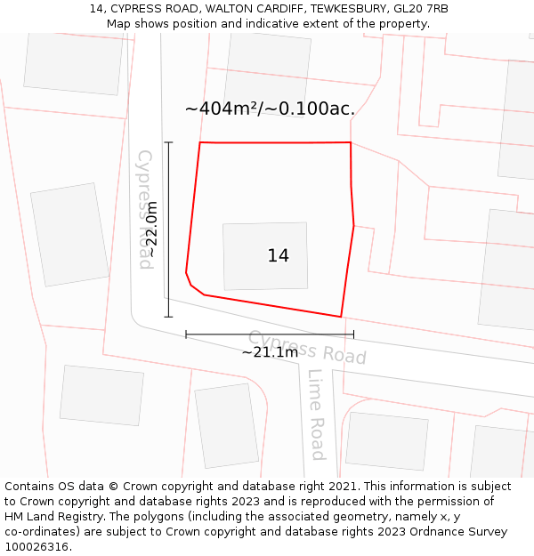 14, CYPRESS ROAD, WALTON CARDIFF, TEWKESBURY, GL20 7RB: Plot and title map